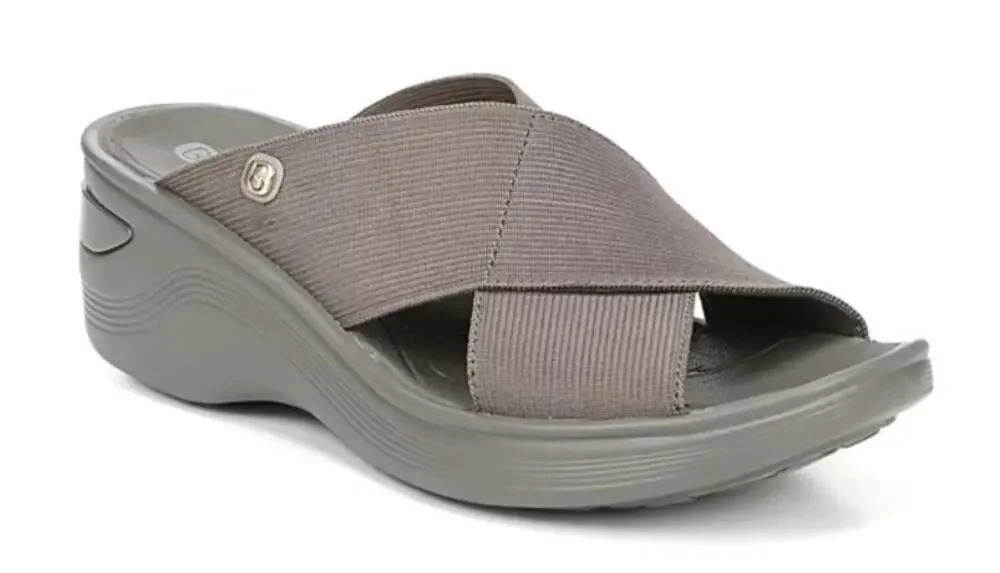 BZEES WOMEN'S WASHABLE SLIDE WEDGE SANDAL TAUPE BROWN STRETCH FABRIC 9W WIDE